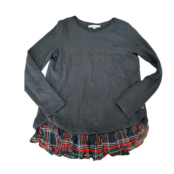 LOFT Tops - LOFT Black Long Sleeve Ruffle Plaid Hem Crewneck Sweatshirt Womens M